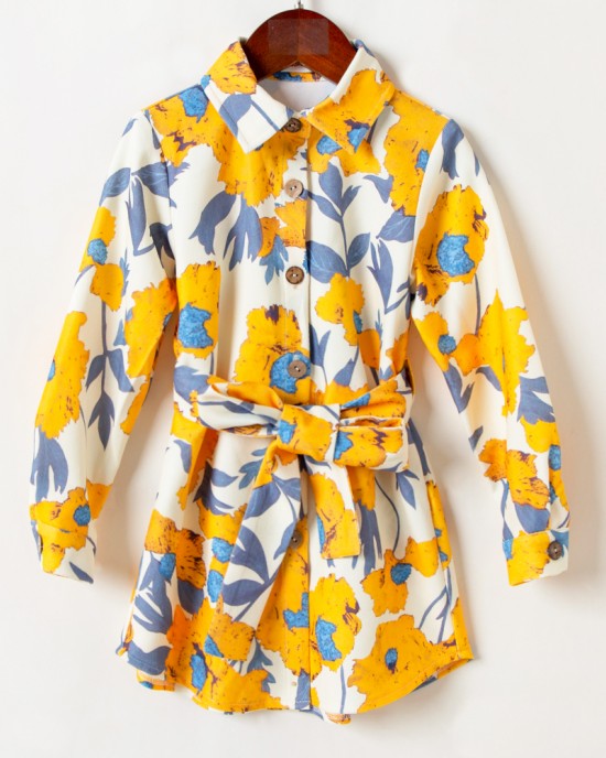 Sweet Yellow Flowers Long Sleeve Mom Girl Matching Shirt Dress - 13143