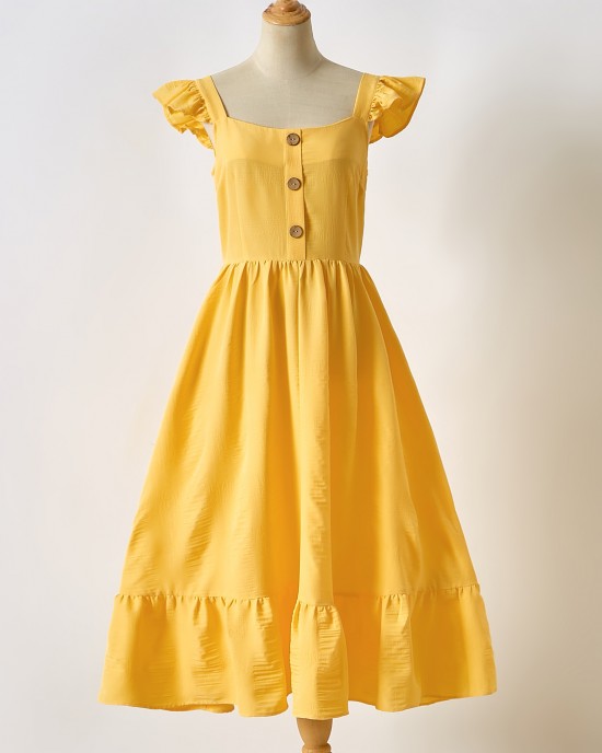 Sweet Yellow Ruffled Mom Girl Matching Dress - 1319