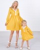 Sweet V-neck Long Sleeved Lace Stitching Yellow Mom Girl Matching Dress - 1397