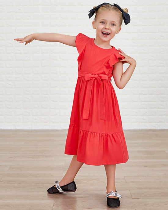 Cotton Solid Color Midi Mom Girl Matching Dress - 1362