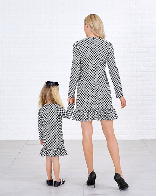 Sweet Black And White Plaid Sequined Bow Patch Round Neck Long Sleeves Mom Girl Matching Dress