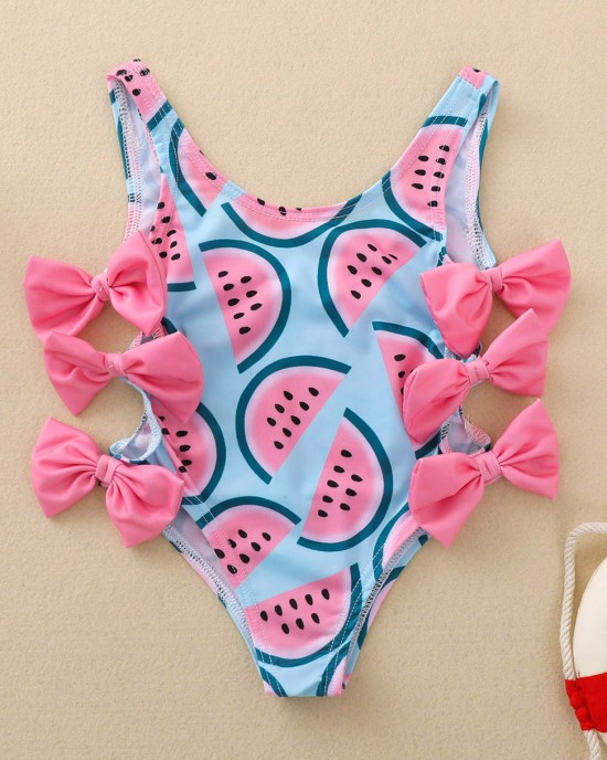 【6M-5Y】Cute Watermelon Print Bow Swimsuit