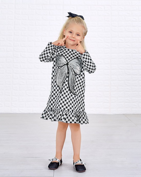 Sweet Black And White Plaid Sequined Bow Patch Round Neck Long Sleeves Mom Girl Matching Dress