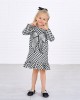 Sweet Black And White Plaid Sequined Bow Patch Round Neck Long Sleeves Mom Girl Matching Dress