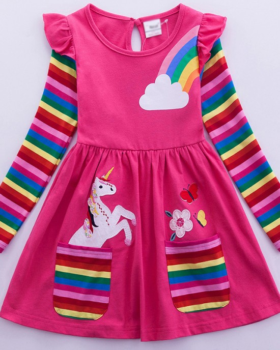 【3Y-8Y】Girl Sweet Rainbow Unicorn Pattern Long Sleeve Dress