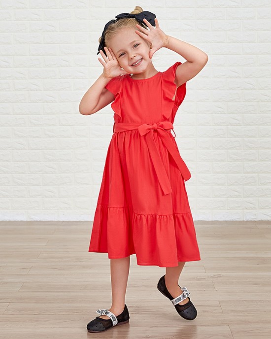 Cotton Solid Color Midi Mom Girl Matching Dress - 1362