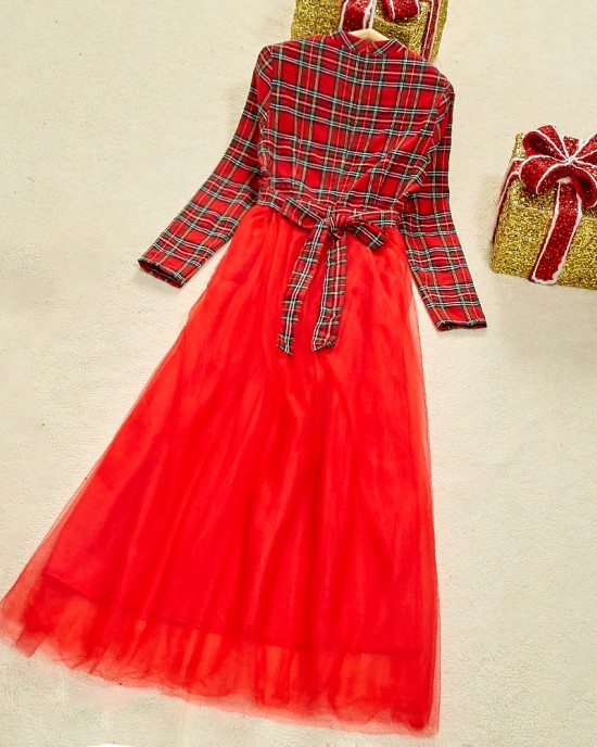 Christmas Red Plaid Mesh Stitching Mom Girl Matching Dress - 13202