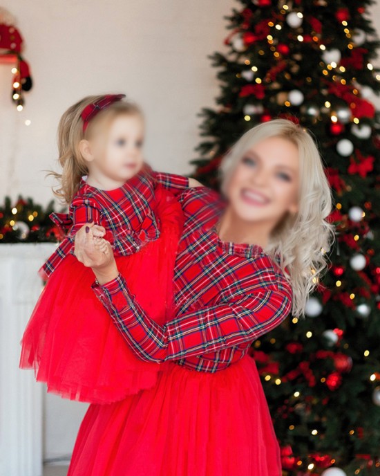 Christmas Red Plaid Mesh Stitching Mom Girl Matching Dress - 13202