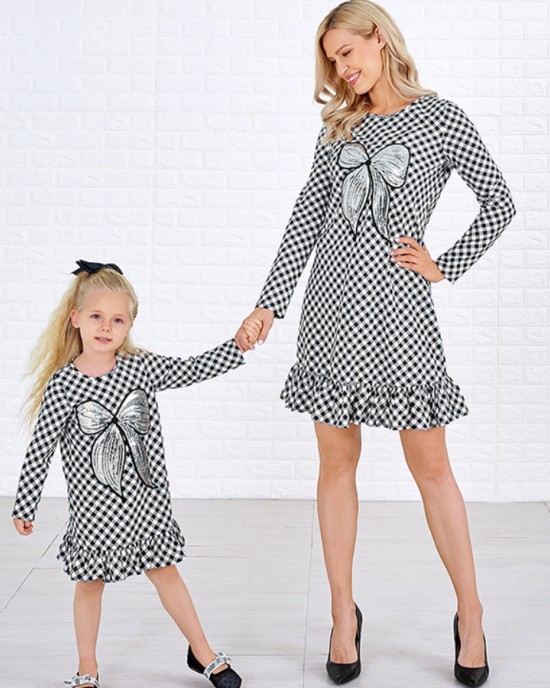 Sweet Black And White Plaid Sequined Bow Patch Round Neck Long Sleeves Mom Girl Matching Dress