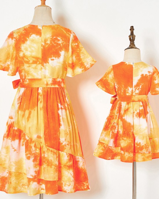 Sweet Orange Tie-Dye V-Neck Short Sleeve Mom Girl Matching Dress - 13109