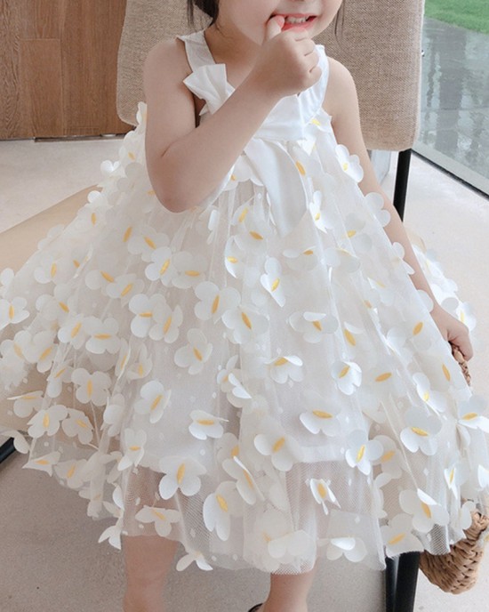 【2Y-9Y】Girls White Butterfly Embroidered Sleeveless Dress - 33179