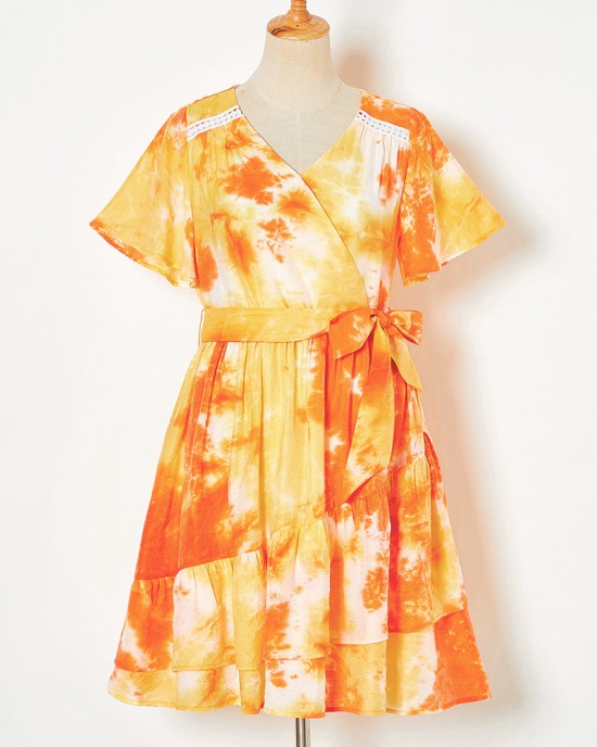 Sweet Orange Tie-Dye V-Neck Short Sleeve Mom Girl Matching Dress - 13109