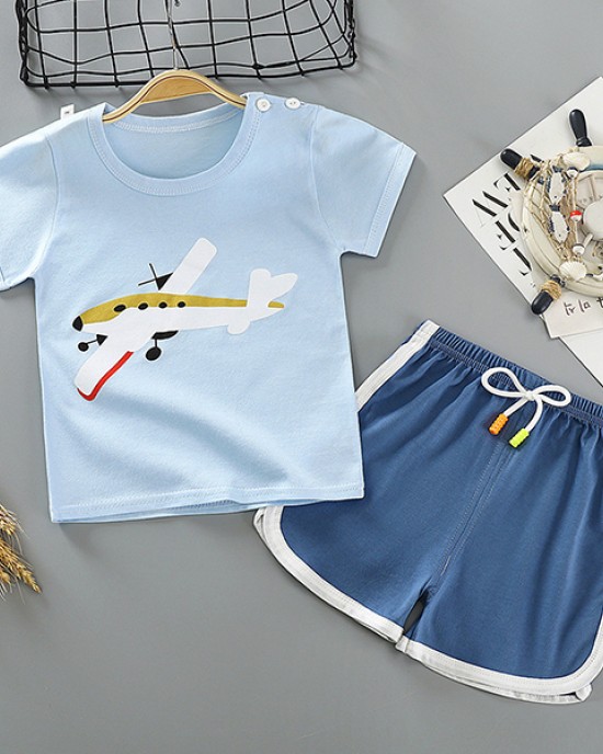 【6M-5Y】Boys Round Neck Short Sleeve Cartoon Print Suit