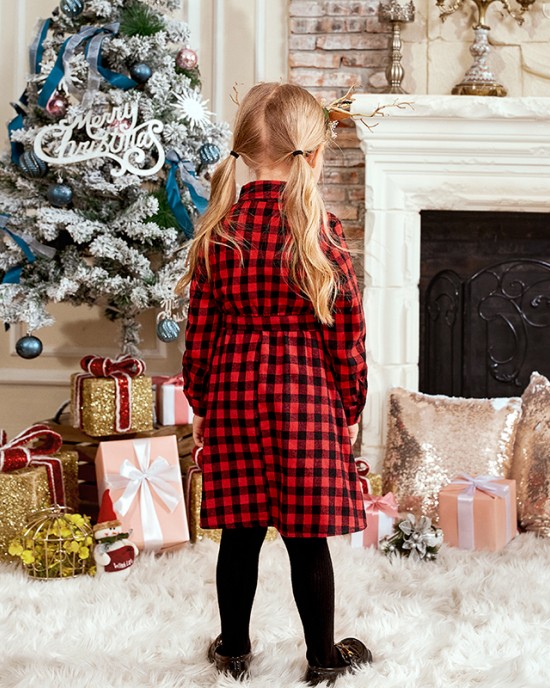 Classic Red Plaid Cotton Blends Long Sleeve Mom Girl Matching Dress - 1159