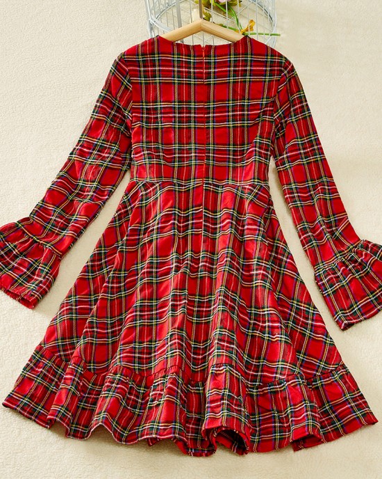 Red Plaid Flared Sleeve Mom Girl Matching Dress - 13121