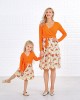 Sweet V-neck Long Sleeved Stitching Flower Orange Mom Girl Matching Dress