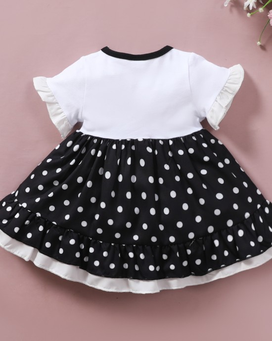 【0M-18M】Cute Cartoon And Polka Dot Print Round Neck Short Sleeve Dress