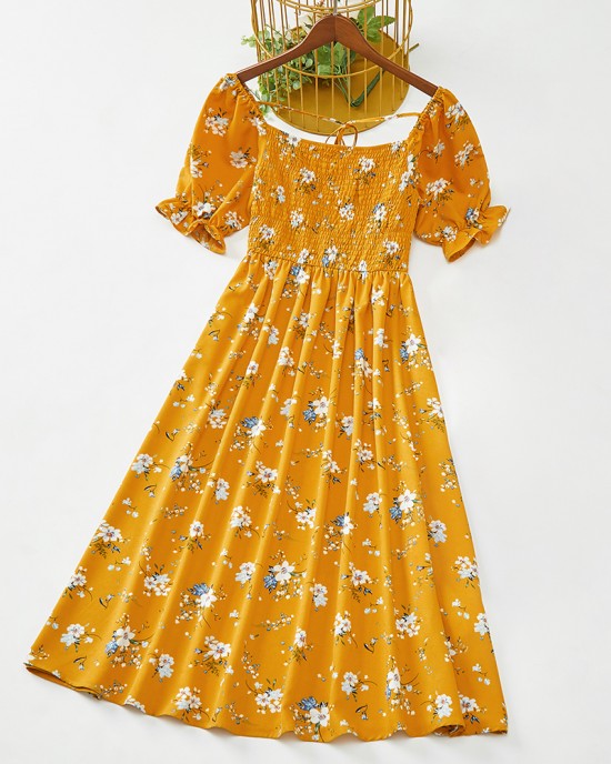 Sweet Flower Print Square Neck Puff Sleeve Yellow Mom Girl Matching Dress