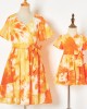 Sweet Orange Tie-Dye V-Neck Short Sleeve Mom Girl Matching Dress - 13109