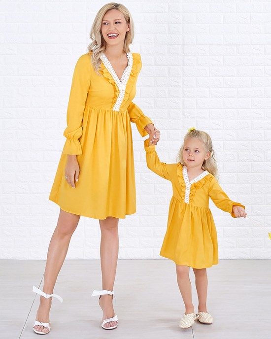 Sweet V-neck Long Sleeved Lace Stitching Yellow Mom Girl Matching Dress - 1397