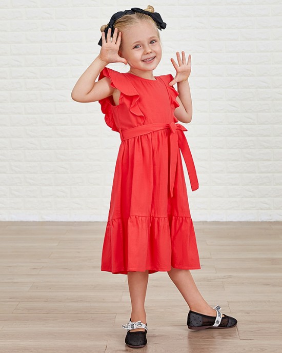 Cotton Solid Color Midi Mom Girl Matching Dress - 1362