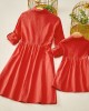 Sweet Red Cotton Blend Lapel Long Sleeves Mom Girl Matching Dress - 1390