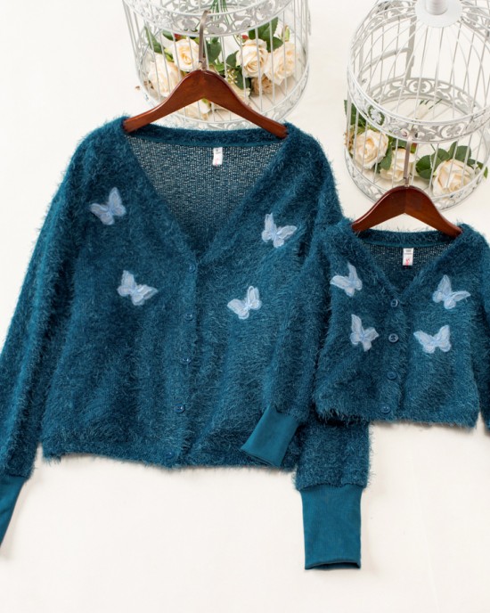 Sweet Butterfly Embroidery Blue Sweater Mom Girl Matching Cardigan - 1163