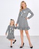 Sweet Black And White Plaid Sequined Bow Patch Round Neck Long Sleeves Mom Girl Matching Dress