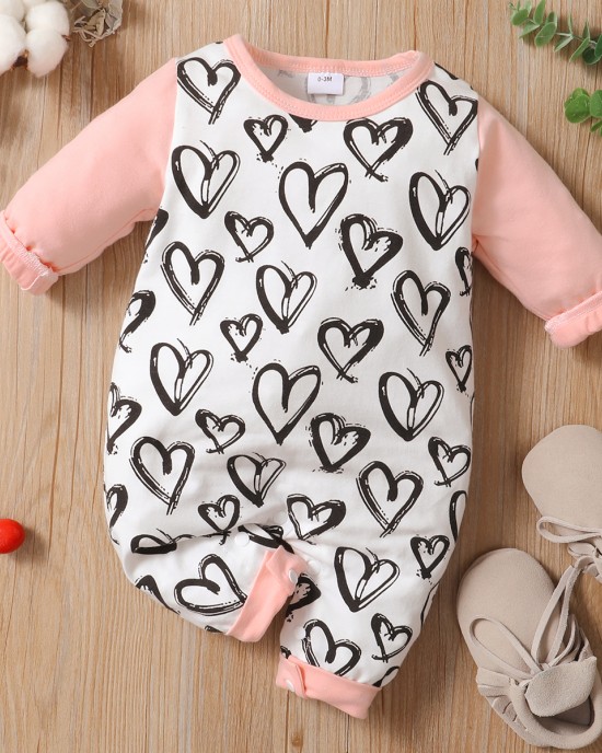 【0M-24M】Cute Heart Shape Print Round Neck Long Sleeve Romper