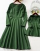 Elegant Golden Ribbon Green Long-sleeved Mom Girl Matching Dress - 13168