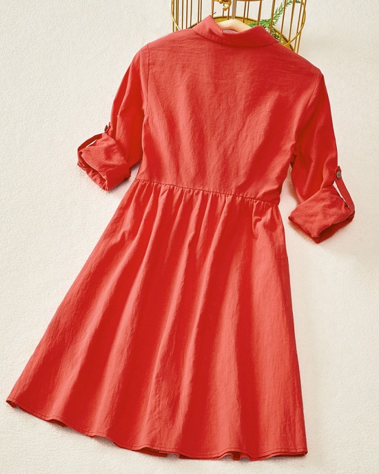 Sweet Red Cotton Blend Lapel Long Sleeves Mom Girl Matching Dress - 1390