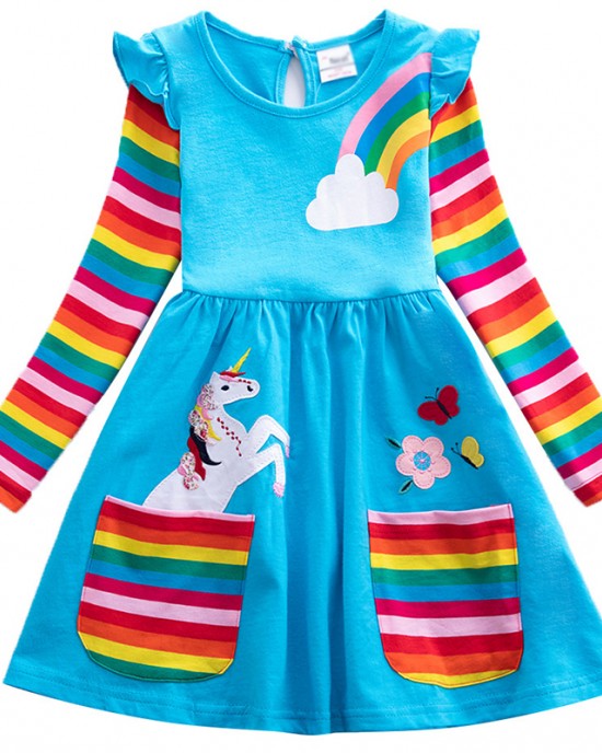 【3Y-8Y】Girl Sweet Rainbow Unicorn Pattern Long Sleeve Dress