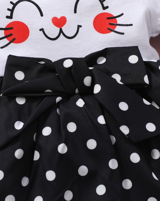 【0M-18M】Cute Cartoon And Polka Dot Print Round Neck Short Sleeve Dress