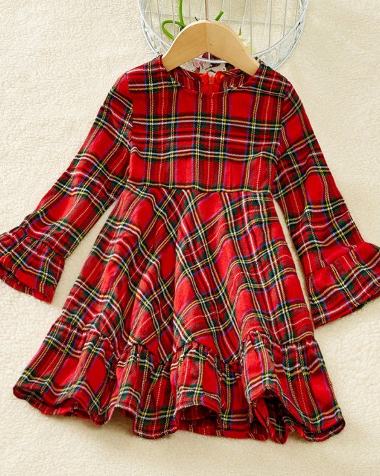 Red Plaid Flared Sleeve Mom Girl Matching Dress - 13121