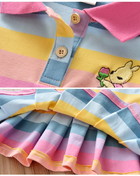 【18M-7Y】Girls Rainbow Striped Bunny Embroidered Short Sleeve Dress - 33145