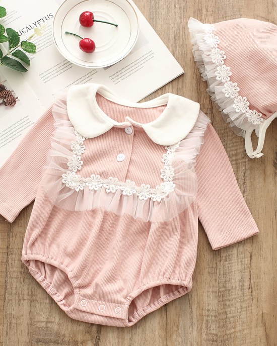 【0M-24M】2-piece Baby Cute Ruffled Long-sleeved Romper With Hat - 8011