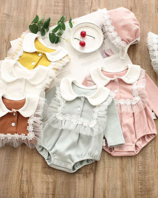 【0M-24M】2-piece Baby Cute Ruffled Long-sleeved Romper With Hat - 8011