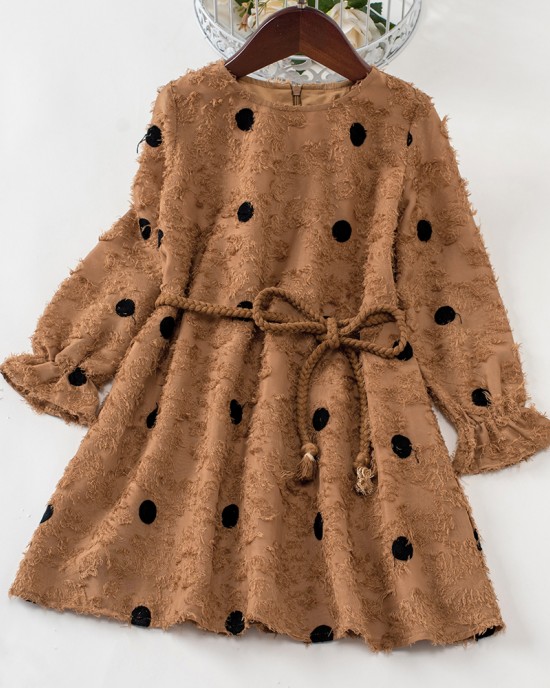 Sweet Khaki Polka Dot Long Sleeve Mom Girl Matching Dress - 13163