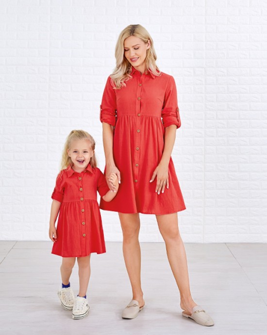 Sweet Red Cotton Blend Lapel Long Sleeves Mom Girl Matching Dress - 1390