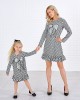 Sweet Black And White Plaid Sequined Bow Patch Round Neck Long Sleeves Mom Girl Matching Dress