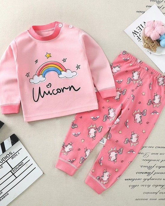 【9M-5Y】Girls Cartoon Print Cotton Long Sleeve Tee And Pants Pajamas Set