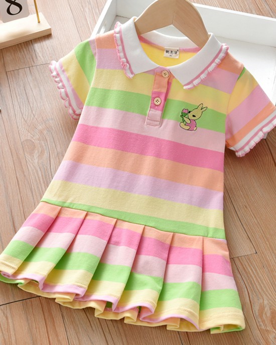 【18M-7Y】Girls Rainbow Striped Bunny Embroidered Short Sleeve Dress - 33145