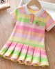 【18M-7Y】Girls Rainbow Striped Bunny Embroidered Short Sleeve Dress - 33145