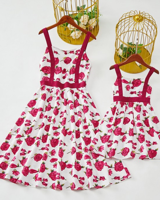 Sweet Rose Red Flower Mom Girl Matching Dress