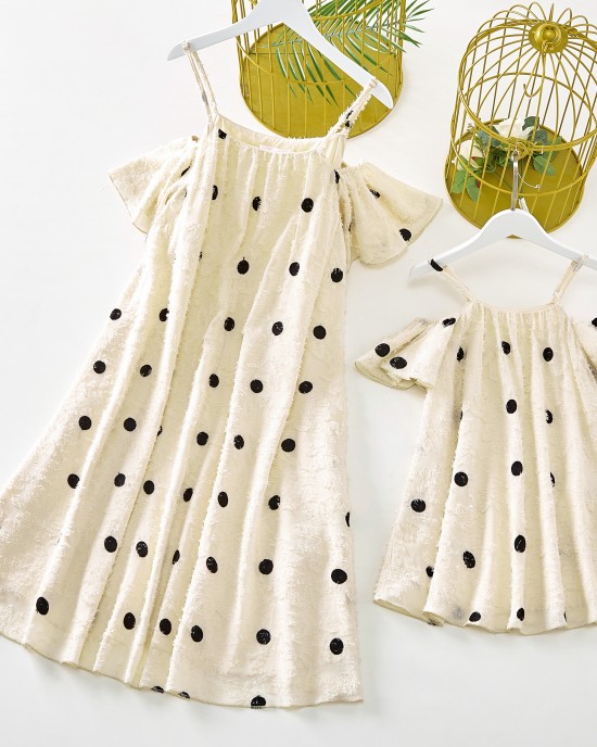 Sweet Polka Dot Off The Shoulder Mom Girl Matching Dress - 1330