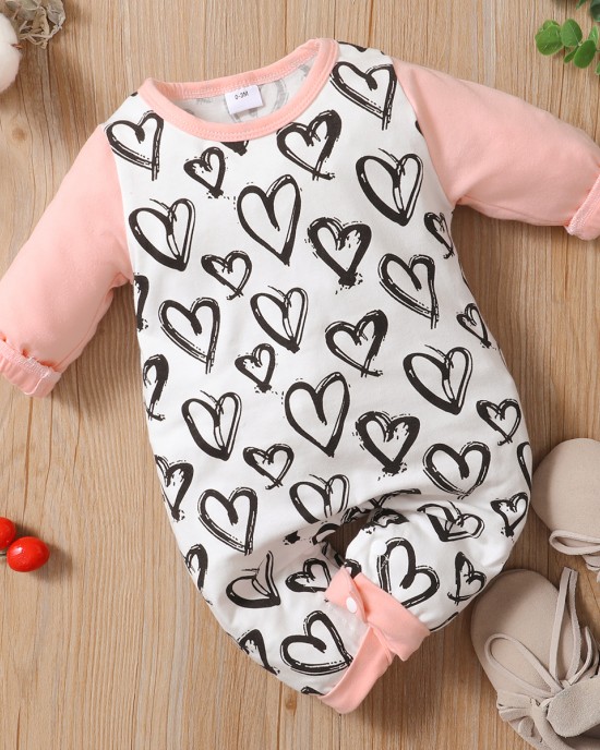 【0M-24M】Cute Heart Shape Print Round Neck Long Sleeve Romper