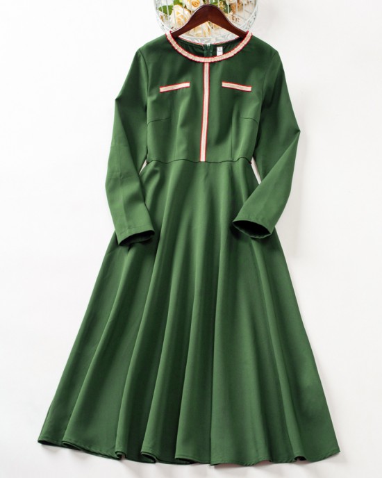 Elegant Golden Ribbon Green Long-sleeved Mom Girl Matching Dress - 13168