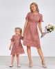 Pure Color Hollow Out Short Sleeve Mom Girl Matching Dress - 1357