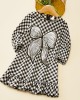 Sweet Black And White Plaid Sequined Bow Patch Round Neck Long Sleeves Mom Girl Matching Dress