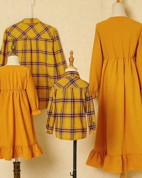 Long Sleeved Plaid Shirt And Yellow Ruffled High-low Dress Family Matching Outfits